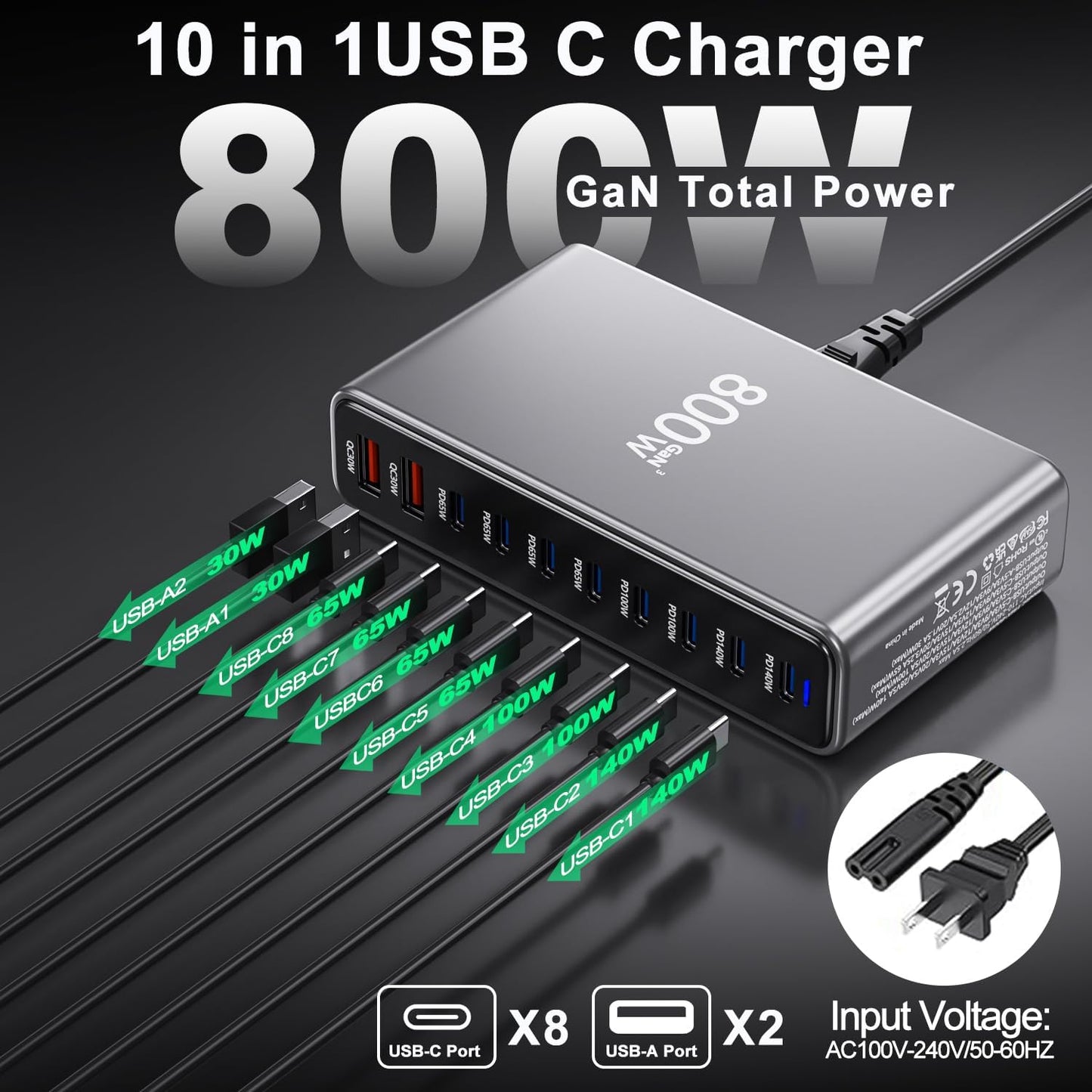 800W Multiport 10-Port USB GaN Fast Charging Desktop Charger Adapter 140W Fast Charger Station for Notebook Tablet PD 3.0 100W