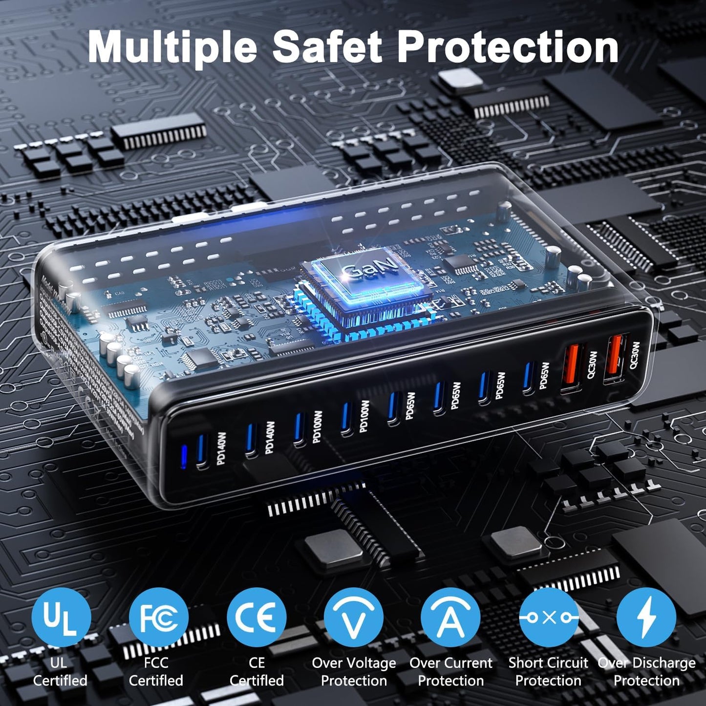800W Multiport 10-Port USB GaN Fast Charging Desktop Charger Adapter 140W Fast Charger Station for Notebook Tablet PD 3.0 100W