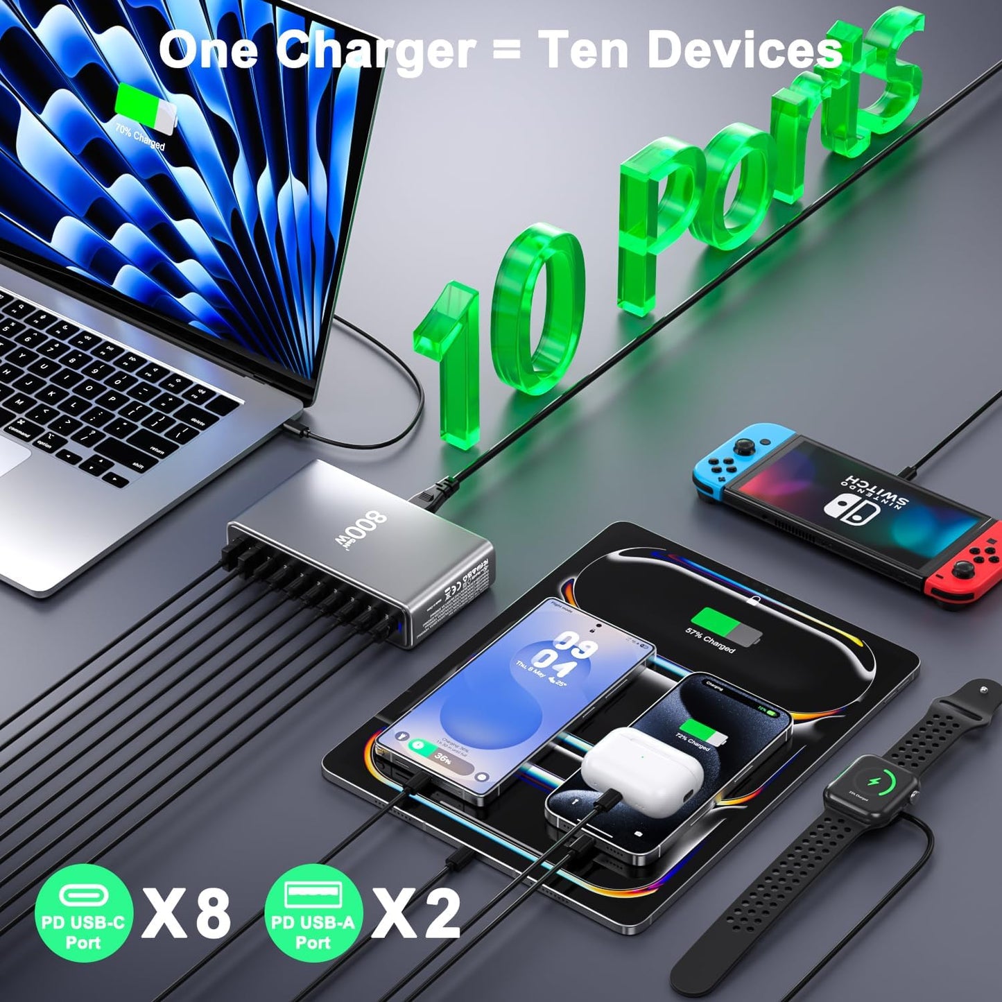 800W Multiport 10-Port USB GaN Fast Charging Desktop Charger Adapter 140W Fast Charger Station for Notebook Tablet PD 3.0 100W
