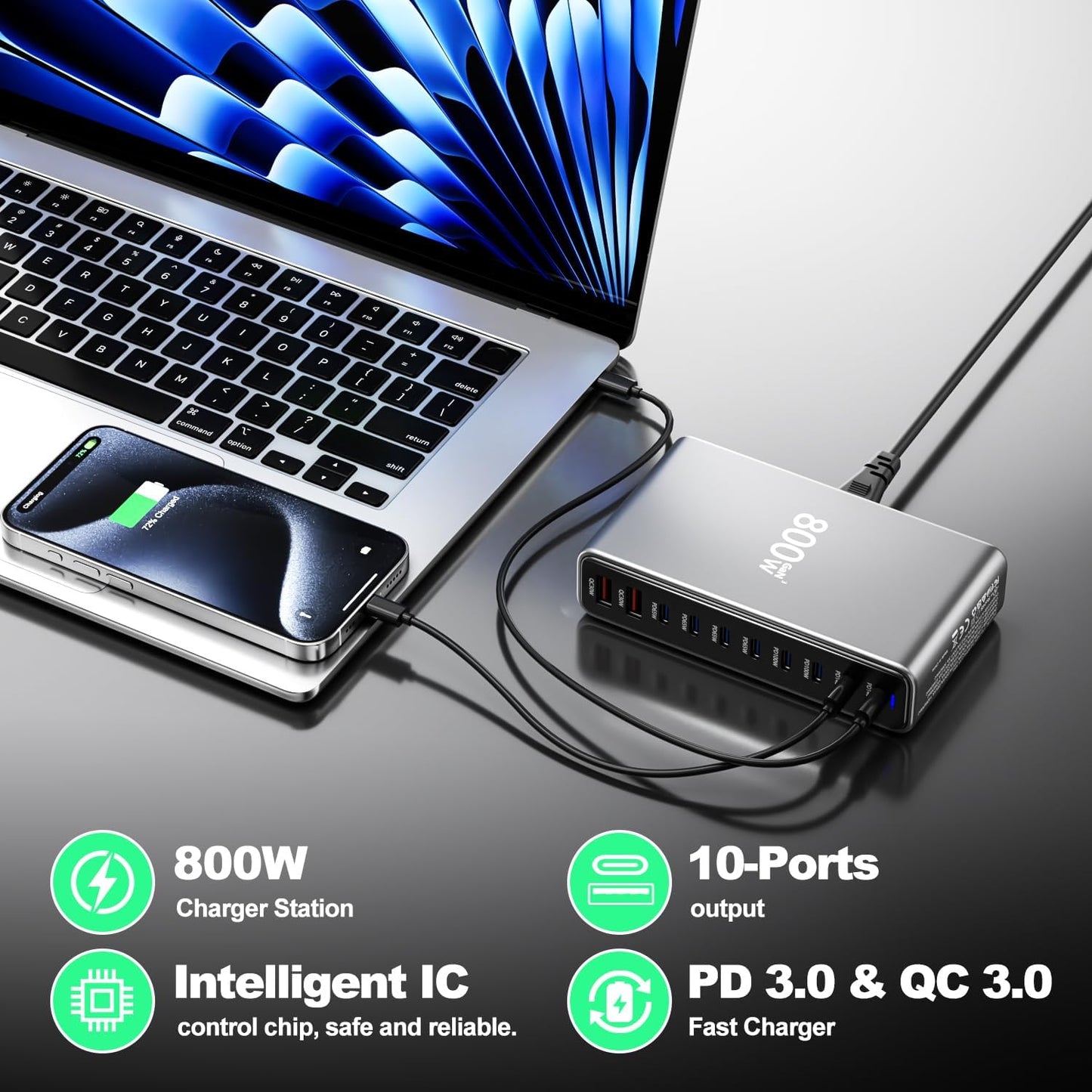 800W Multiport 10-Port USB GaN Fast Charging Desktop Charger Adapter 140W Fast Charger Station for Notebook Tablet PD 3.0 100W