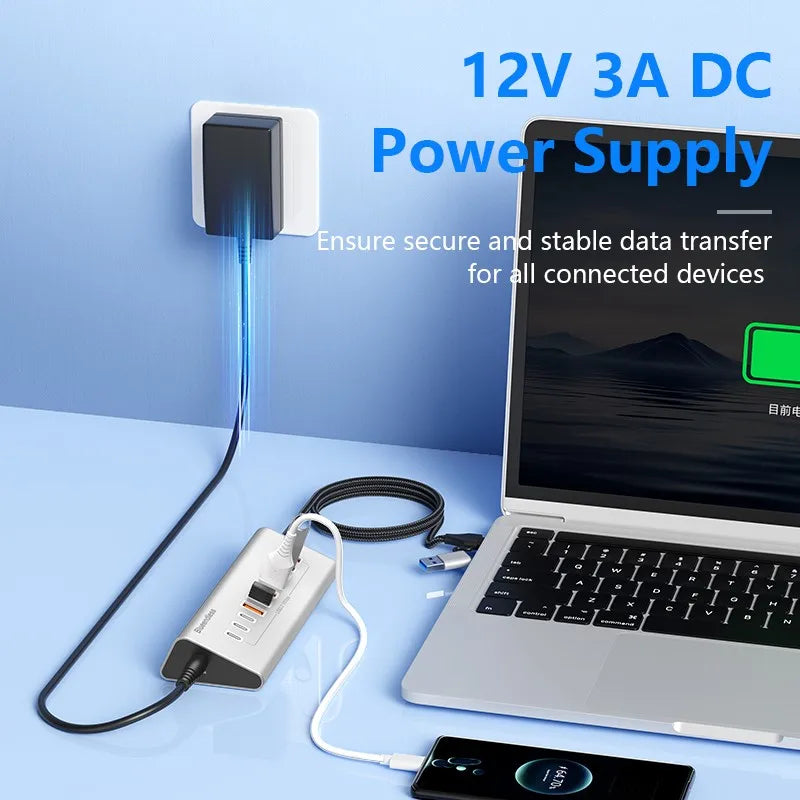 Aluminium 10Gbps USB-A 10Gbps USB-C Hub 7-Ports 10-Ports Data Sync USB3.2 USB 3.2 Type C Hub Splitter 12V/3A Power Adapter