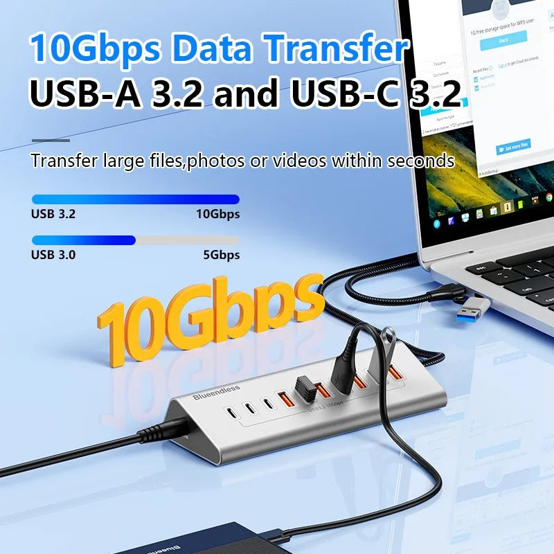Aluminium 10Gbps USB-A 10Gbps USB-C Hub 7-Ports 10-Ports Data Sync USB3.2 USB 3.2 Type C Hub Splitter 12V/3A Power Adapter