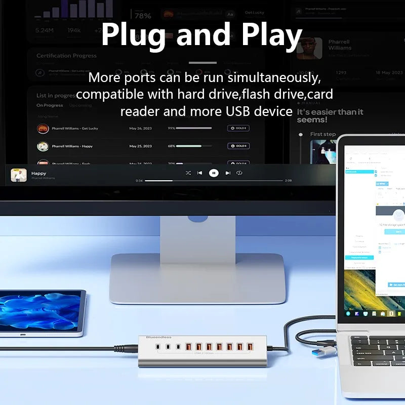 Aluminium 10Gbps USB-A 10Gbps USB-C Hub 7-Ports 10-Ports Data Sync USB3.2 USB 3.2 Type C Hub Splitter 12V/3A Power Adapter
