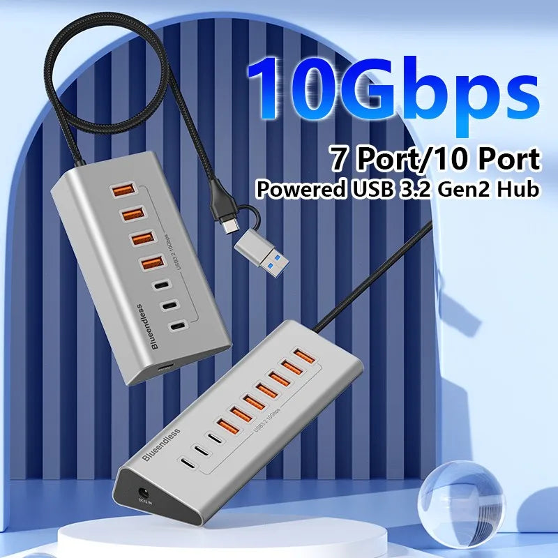 Aluminium 10Gbps USB-A 10Gbps USB-C Hub 7-Ports 10-Ports Data Sync USB3.2 USB 3.2 Type C Hub Splitter 12V/3A Power Adapter