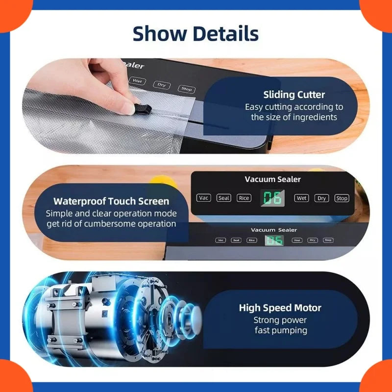 Vacuum Sealer Kitchen Food Storage Dry/Wet Food Vacuum Packing Machine Household Fresh Food Packing Machine Built-in Cutter