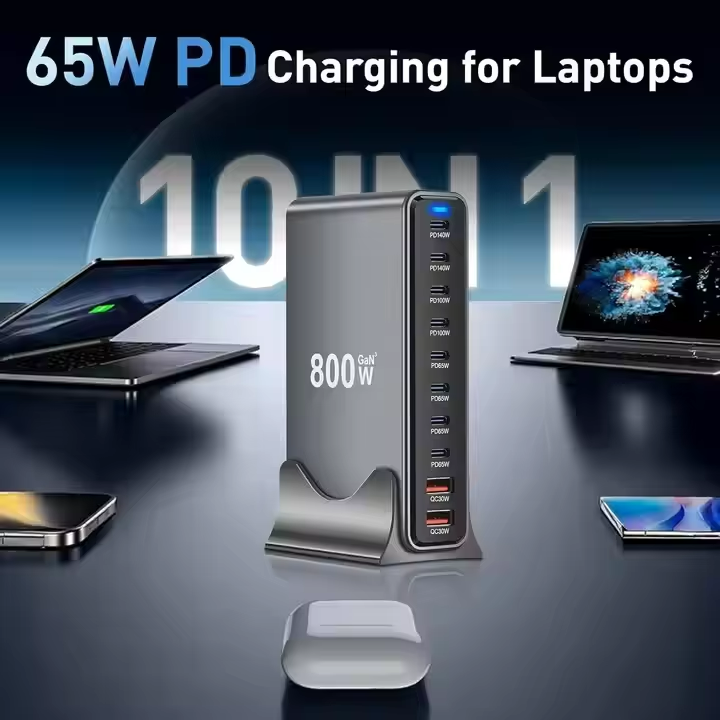 800W Multiport 10-Port USB GaN Fast Charging Desktop Charger Adapter 140W Fast Charger Station for Notebook Tablet PD 3.0 100W