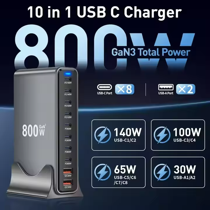 800W Multiport 10-Port USB GaN Fast Charging Desktop Charger Adapter 140W Fast Charger Station for Notebook Tablet PD 3.0 100W