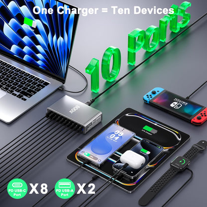 800W Multiport 10-Port USB GaN Fast Charging Desktop Charger Adapter 140W Fast Charger Station for Notebook Tablet PD 3.0 100W