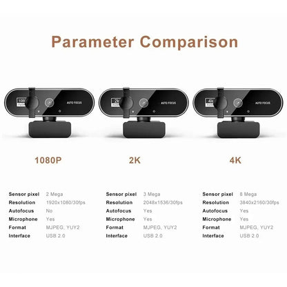 4K 2K 1080P Webcam with Microphone Autofocus 8MP Full HD Camera for Windows PC Laptop IOS Macbook External Web Cam Video Calling
