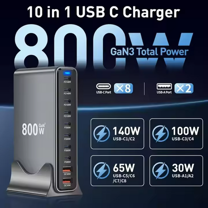 800W Multiport 10-Port USB GaN Fast Charging Desktop Charger Adapter 140W Fast Charger Station for Notebook Tablet PD 3.0 100W